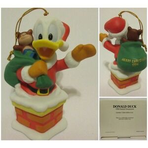 1994 Disney Grolier DONALD DUCK Santa in Fireplace Porcelain Christmas Ornament